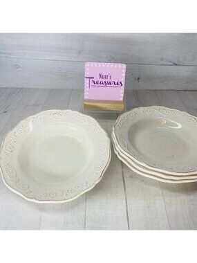 Artimino BAROQUE BEIGE Rustic Embossed Scroll Earthenware  Rim Soups Bowl Set 4